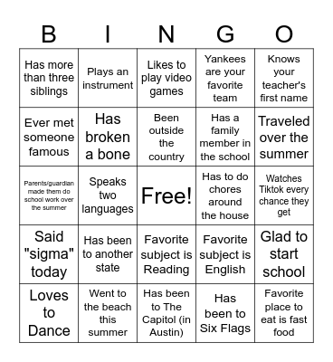 First Day of School Bingo Card