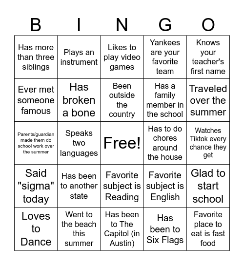 First Day of School Bingo Card