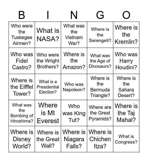 Social Studies BINGO Card