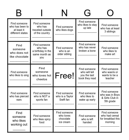 Find a Friend Bingo Card