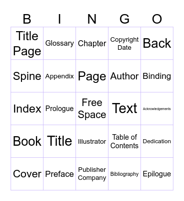 Parts Of A Book Bingo Card