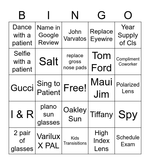 OGA Optician Bingo Card