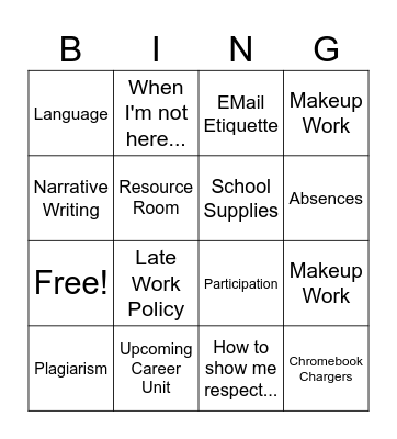 Lynn Classroom Policy- Eng 12 Bingo Card