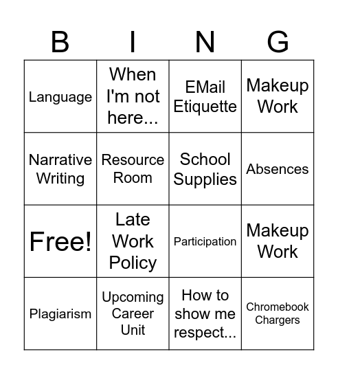 Lynn Classroom Policy- Eng 12 Bingo Card