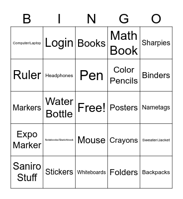 Classroom items Bingo Card