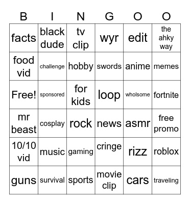 yt shorts Bingo Card