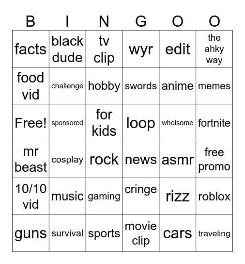 yt shorts Bingo Card