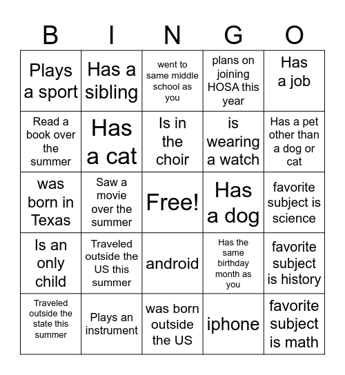 Get to Know You Bingo Card