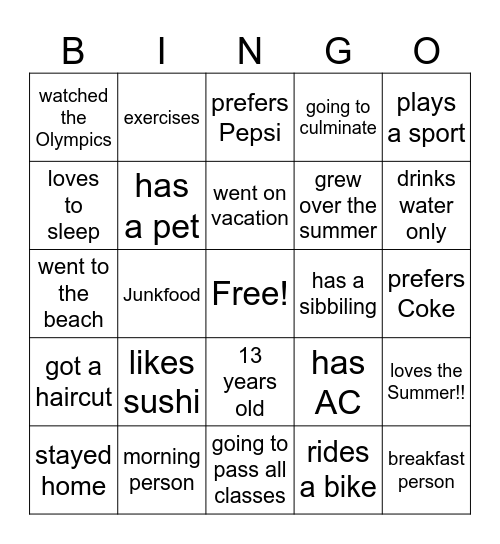 Back to School Bingo Card