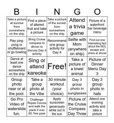 NCL Escape Day Three Bingo Card