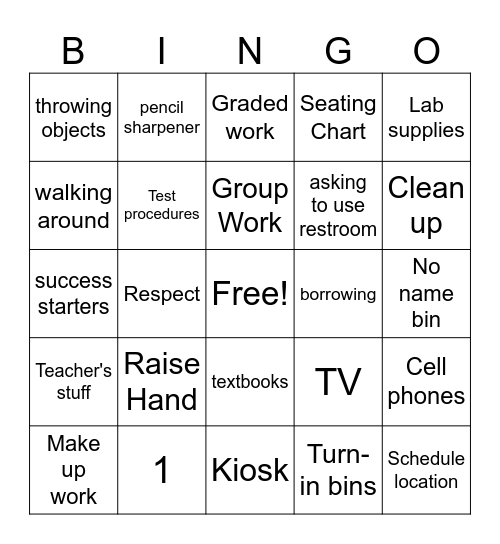 Classroom Expectations Bingo Card