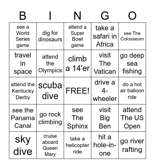 Bucket List Bingo Card