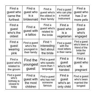 FIND THE GUEST BRIDAL BINGO Card