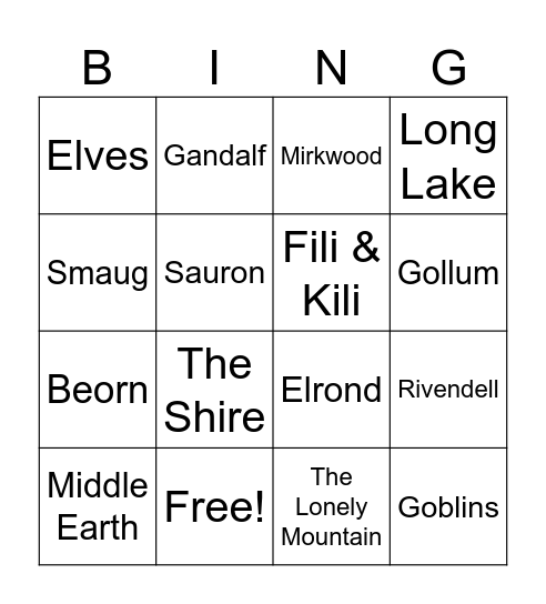 The Hobbit Bingo Card