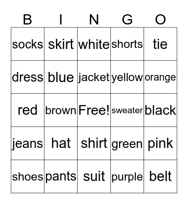 Colors & Clothes Bingo Card