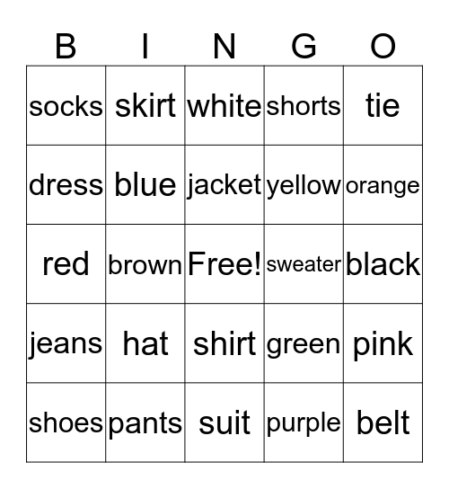 Colors & Clothes Bingo Card