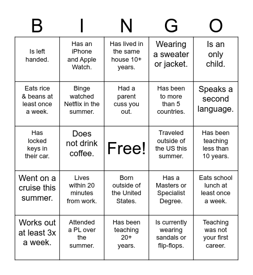 Welcome Back Bingo Card