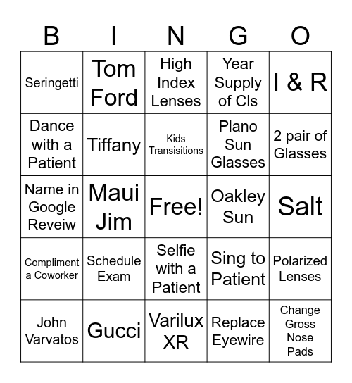 OGA Optician Bingo Card