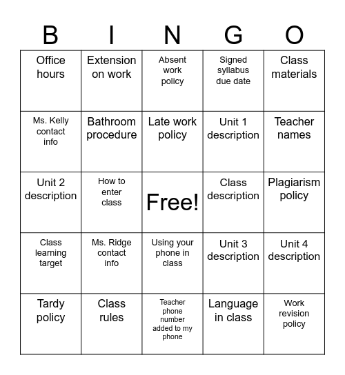 English 9 Syllabus Bingo Card