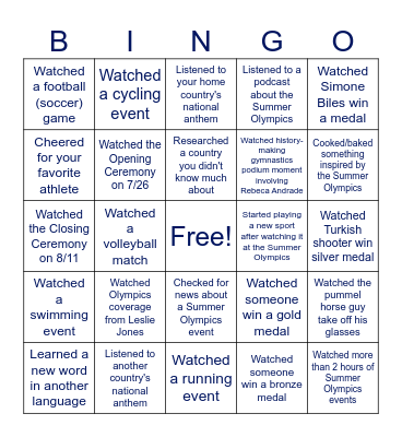 Summer Olympics Bingo Card