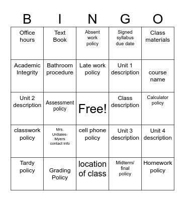 Course Description/Syllabus Bingo Card