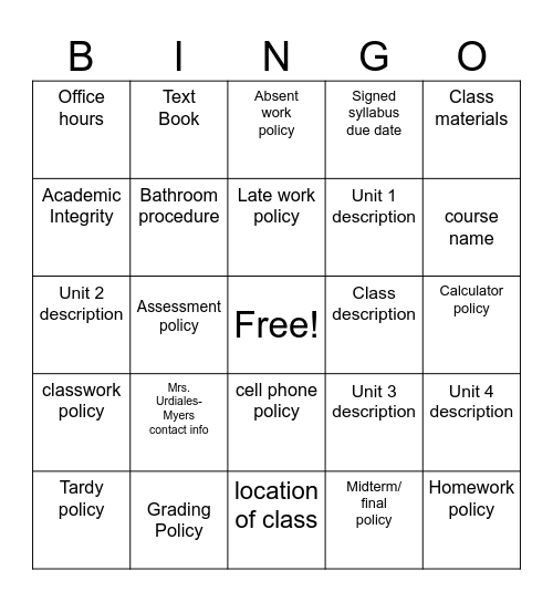 Course Description/Syllabus Bingo Card