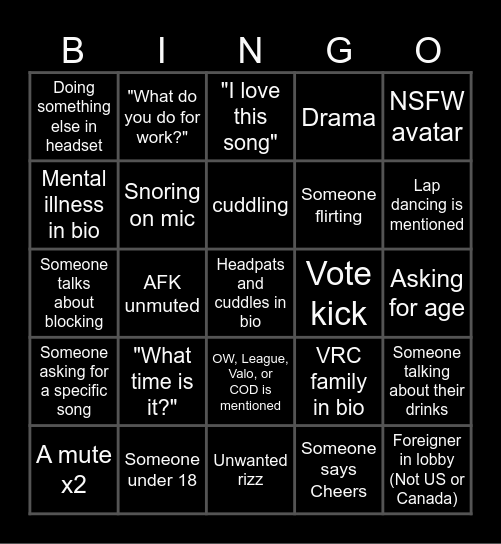 VrChat Bingo night Bingo Card