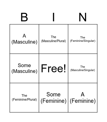 Spanish Articles Bingo Card