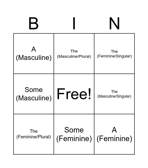 Spanish Articles Bingo Card