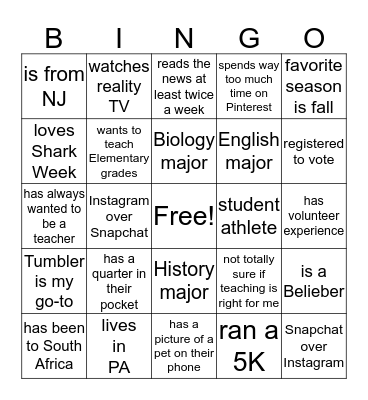 Fresh Start 2016 Bingo Card