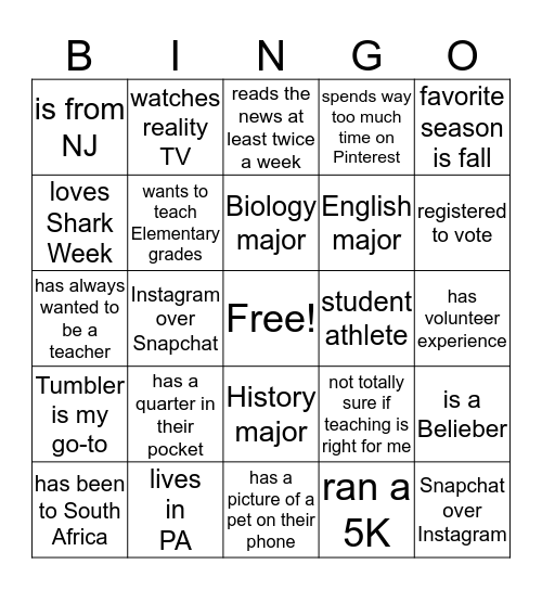 Fresh Start 2016 Bingo Card