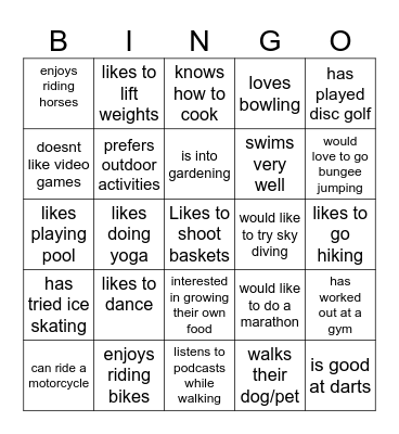 Pyysical Health Bingo Card