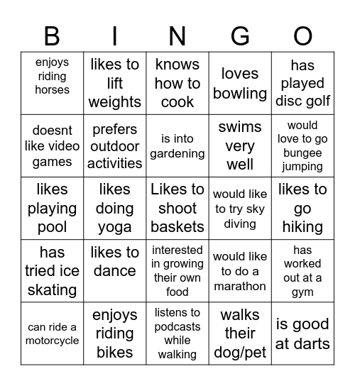 Pyysical Health Bingo Card