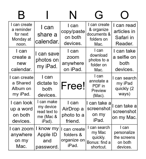 iPad and Mac Basics Bingo Card