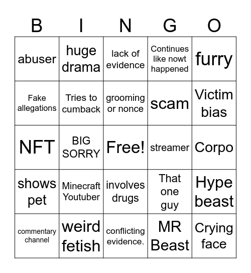 Youtube drama bingo Card