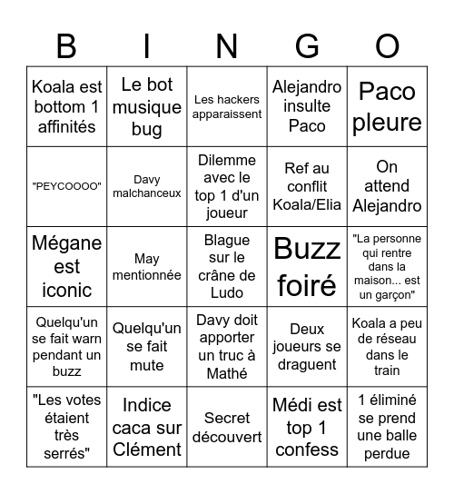 Secret Story Prime Bingo Card