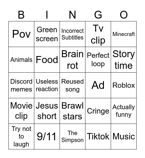 YouTube shorts bingo Card