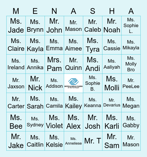 Boys & Girls Club of Menasha Staff Bingo Card