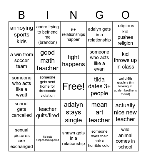 school bingo Card