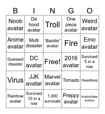 Natural disasters survival bingo Card