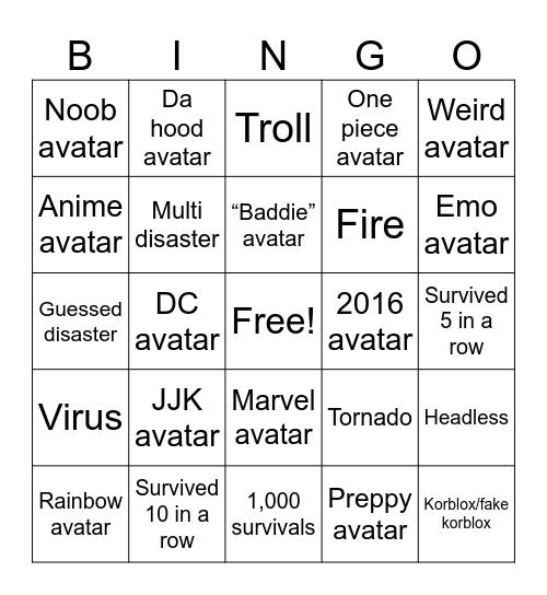 Natural disasters survival bingo Card