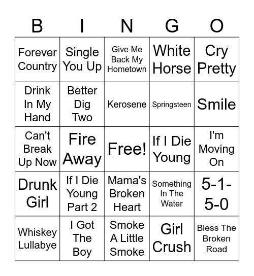 Squeaky's Country Round Bingo Card