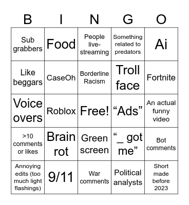 Shorts Bingo Card