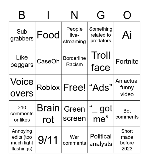 Shorts Bingo Card