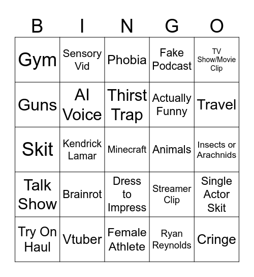 YT SHORT BINGO Card