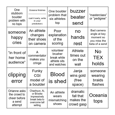 Paris 2024 Sport Climbing Finals Bingo Card