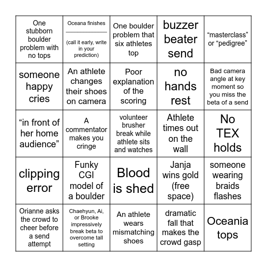 Paris 2024 Sport Climbing Finals Bingo Card