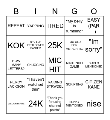 Exquzorr stream Bingo Card