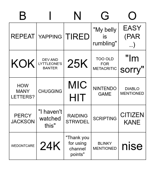 Exquzorr stream Bingo Card