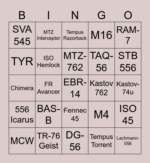 Assault Rifles Bingo Card